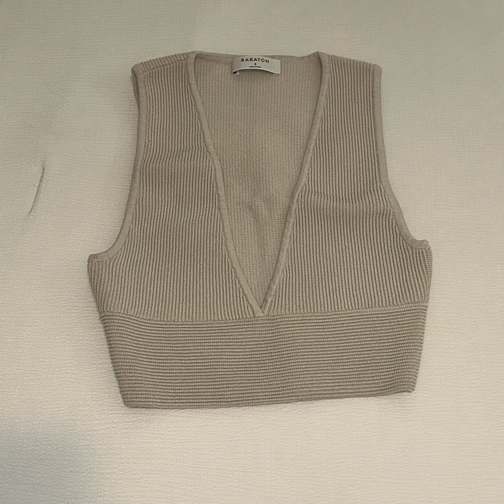 Aritzia Beige Ribbed V-Neck Crop Top